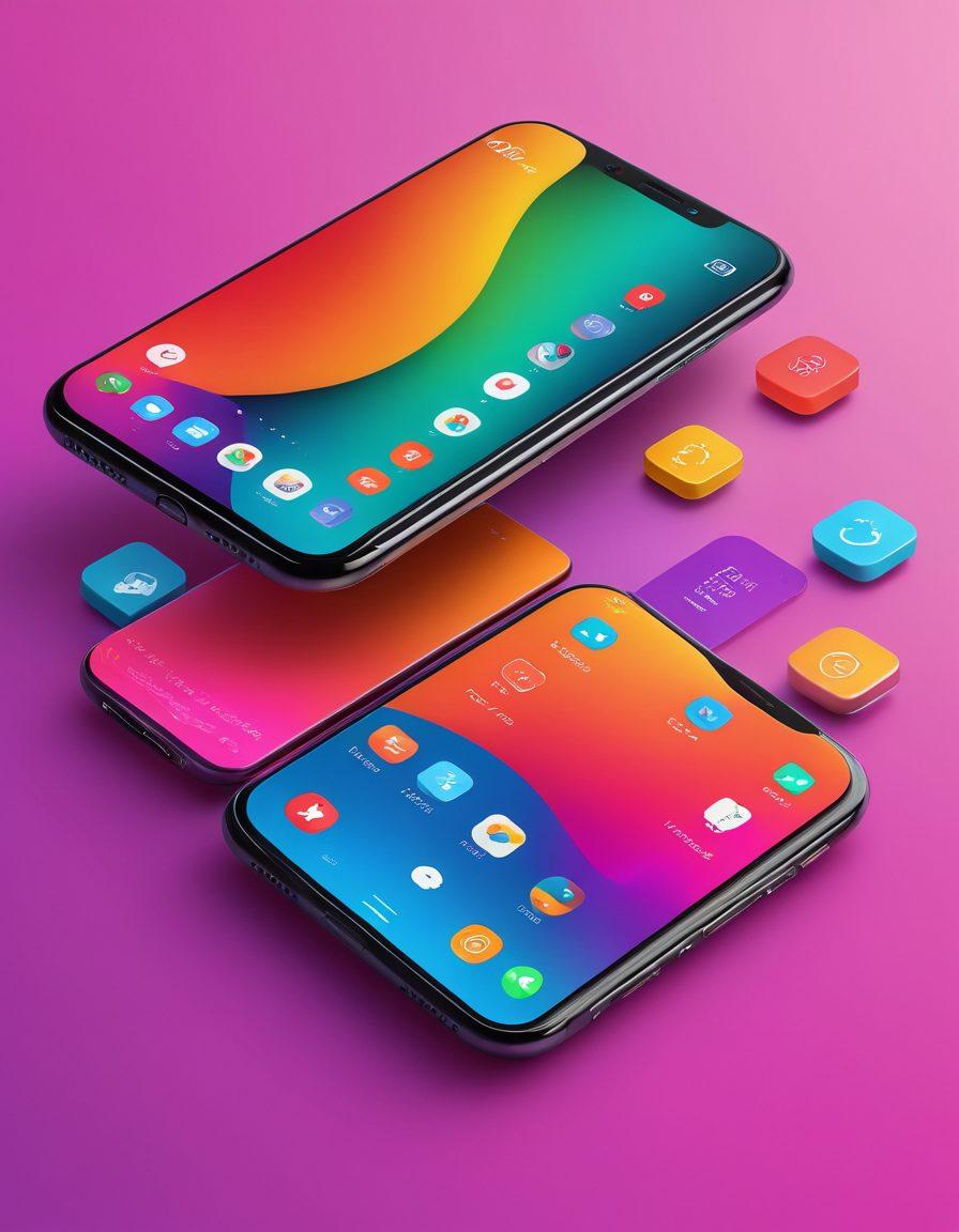 A vibrant digital workspace showcasing a modern, sleek smartphone with various smart launcher interfaces displayed, surrounded by colorful widget themes creatively arranged around it. Incorporate elements of fluid animations and user-friendly design aesthetics, emphasizing seamless interaction. Make the background a blend of soft gradients to highlight the smartphone's features. super-realistic. vibrant colors. 3D.