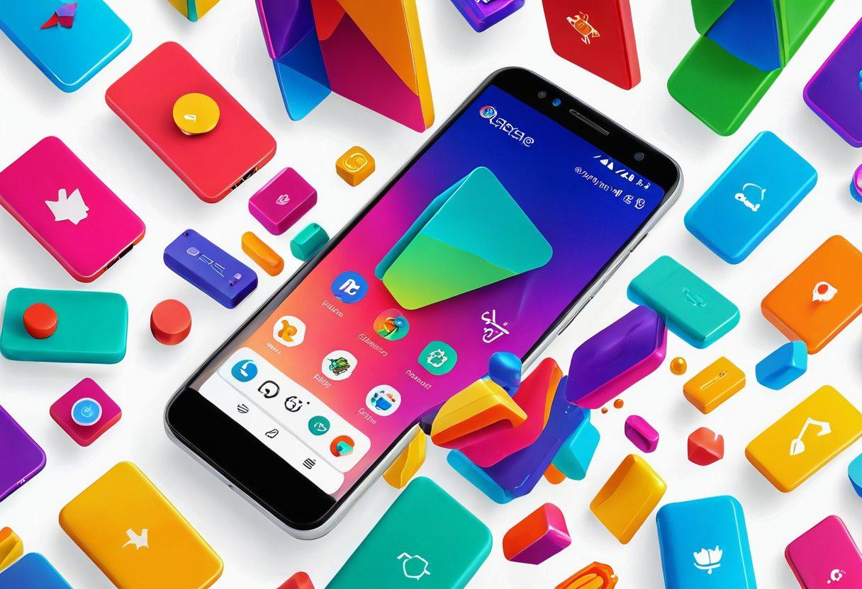 A vibrant Android smartphone screen showcasing various customizable launchers, each with unique themes and colors, radiating joy and creativity. Include happy users interacting with their devices in a bright, cheerful environment filled with colorful abstract elements. Illustrate the concept of transformation in technology with playful icons and mood-boosting graphics. 3D effect. vibrant colors. white background.