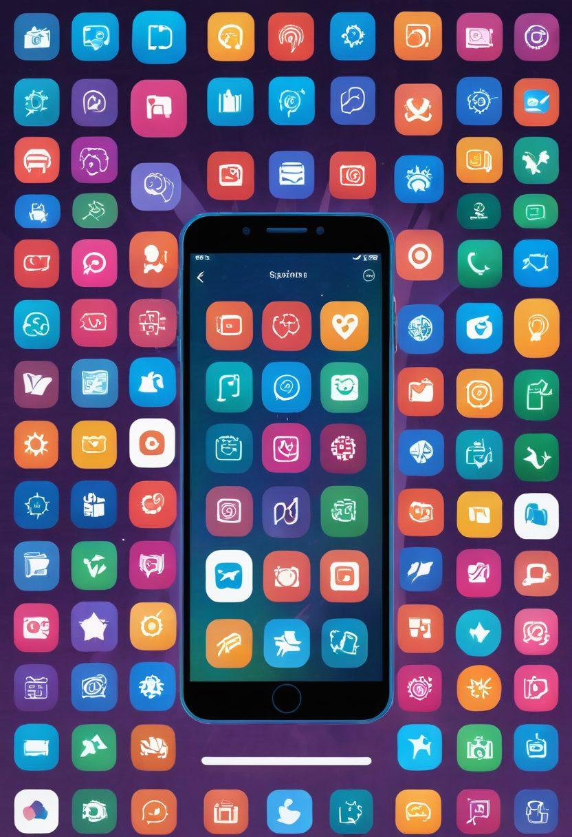 A vibrant smartphone screen filled with colorful, customizable app icons and widgets, showcasing various themes and designs. In the background, there are playful illustrations of diverse users joyfully interacting with their devices, highlighting different ways to personalize their mobile experience. Add elements of technology, creativity, and joy, radiating a sense of exploration and fun. vibrant colors. flat design.